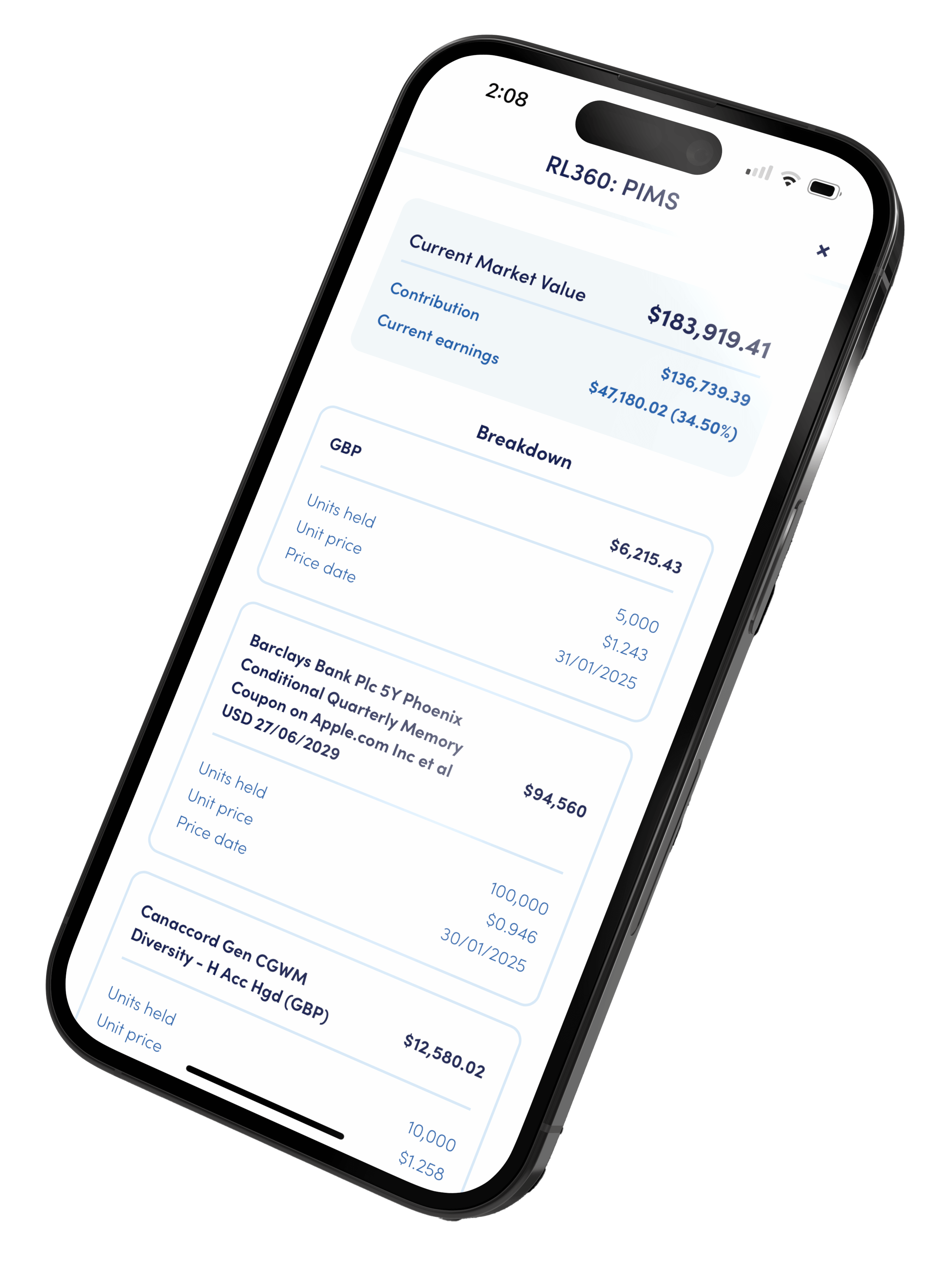 Holborn App Interface showing investment tracking and financial features.