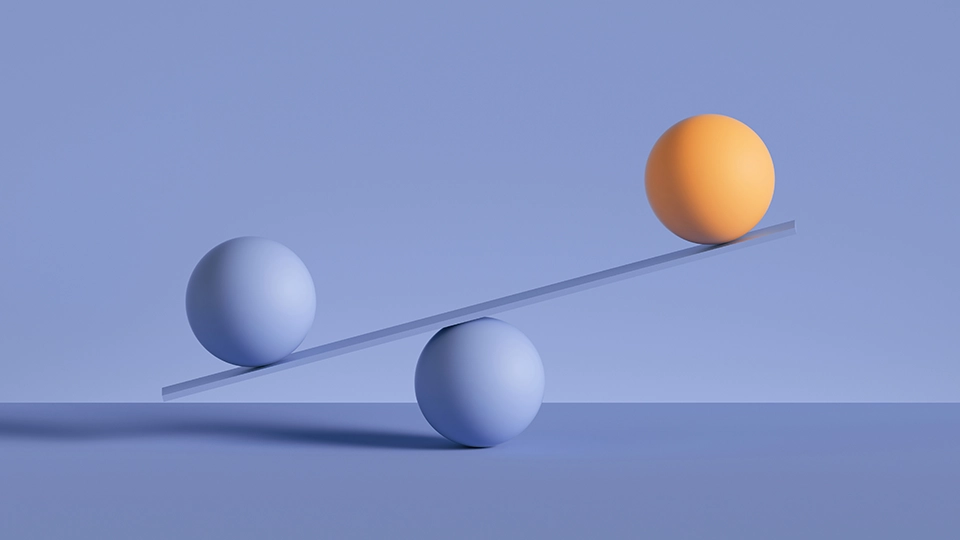 3d render, balls placed on scales, isolated on violet background. Primitive geometric shapes. Balance, comparison metaphor