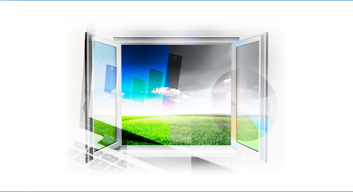 An image of a window being open. A field with green grass can be seen through the window. On top of the image there is a transparent photo of the laptop with the statistics columns showing. UK open banking