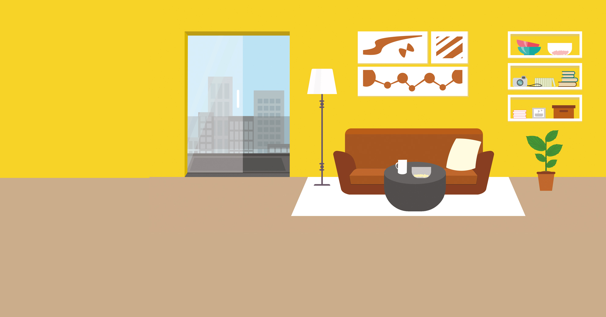 A picture of a flat with yellow walls, furniture and a city view that can be seen through a window. Is rent cheaper in the UK or in Dubai?