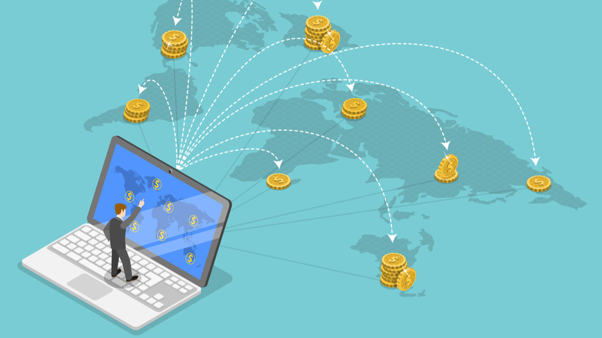 An image of a man touching the laptop screen. There are arrows leading from the laptop to different spots on the map of the world where stacks of coins are. Why use a currency transfer service