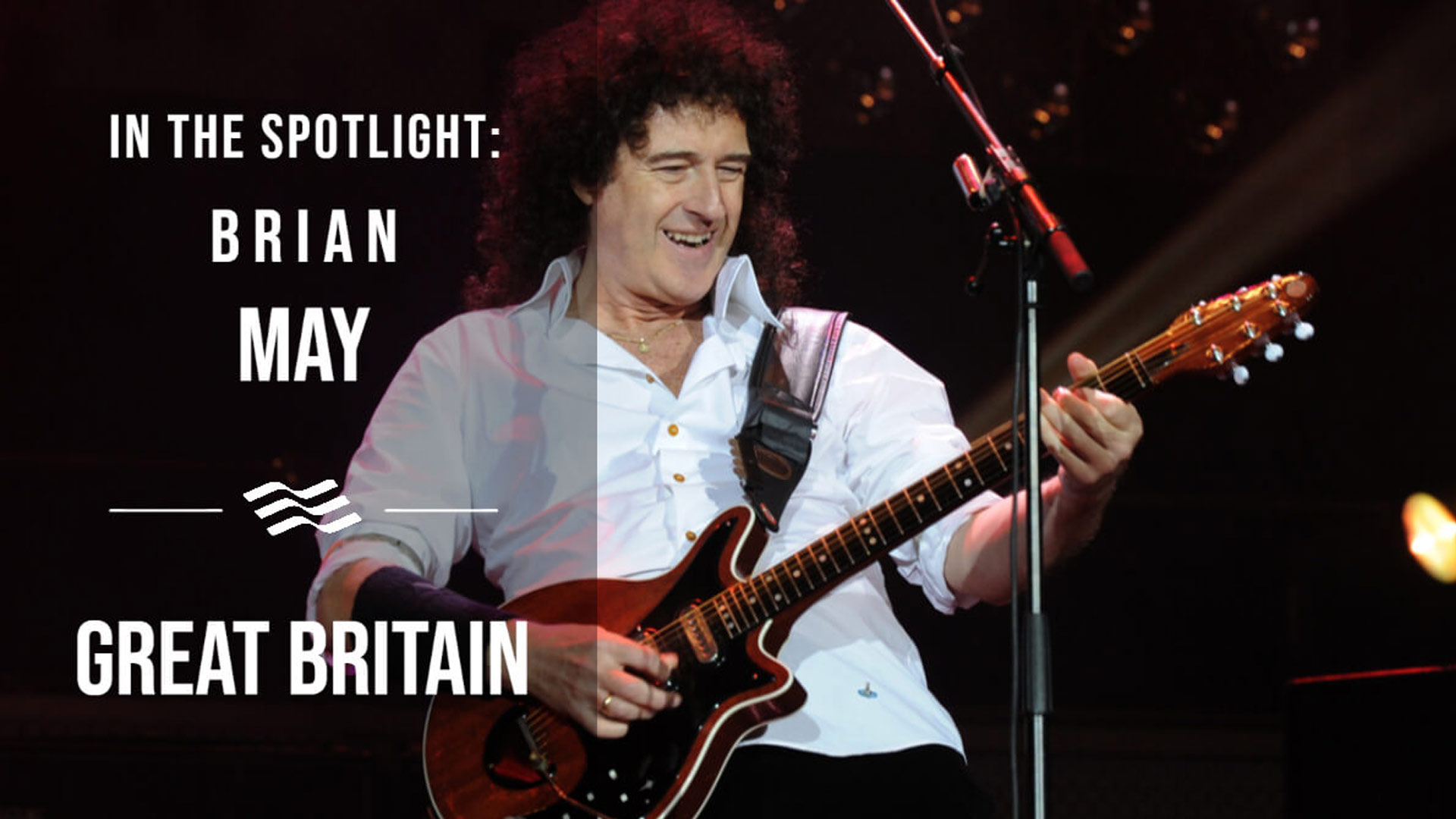 An image of Brian May playing the guitar with writing saying In the Spotlight: Brian May. Great Britain