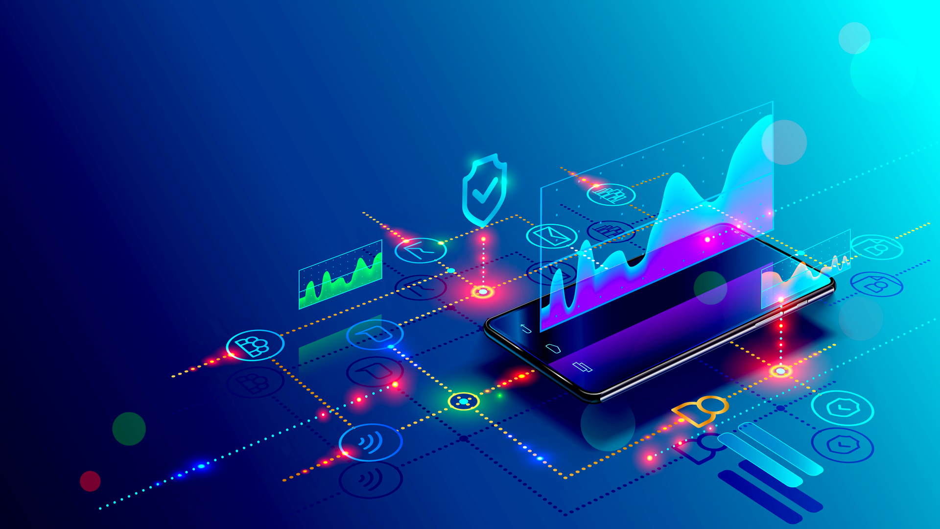 An image of a smart phone with data, charts and connections coming out of it and connecting with one another. Apps for financial planning