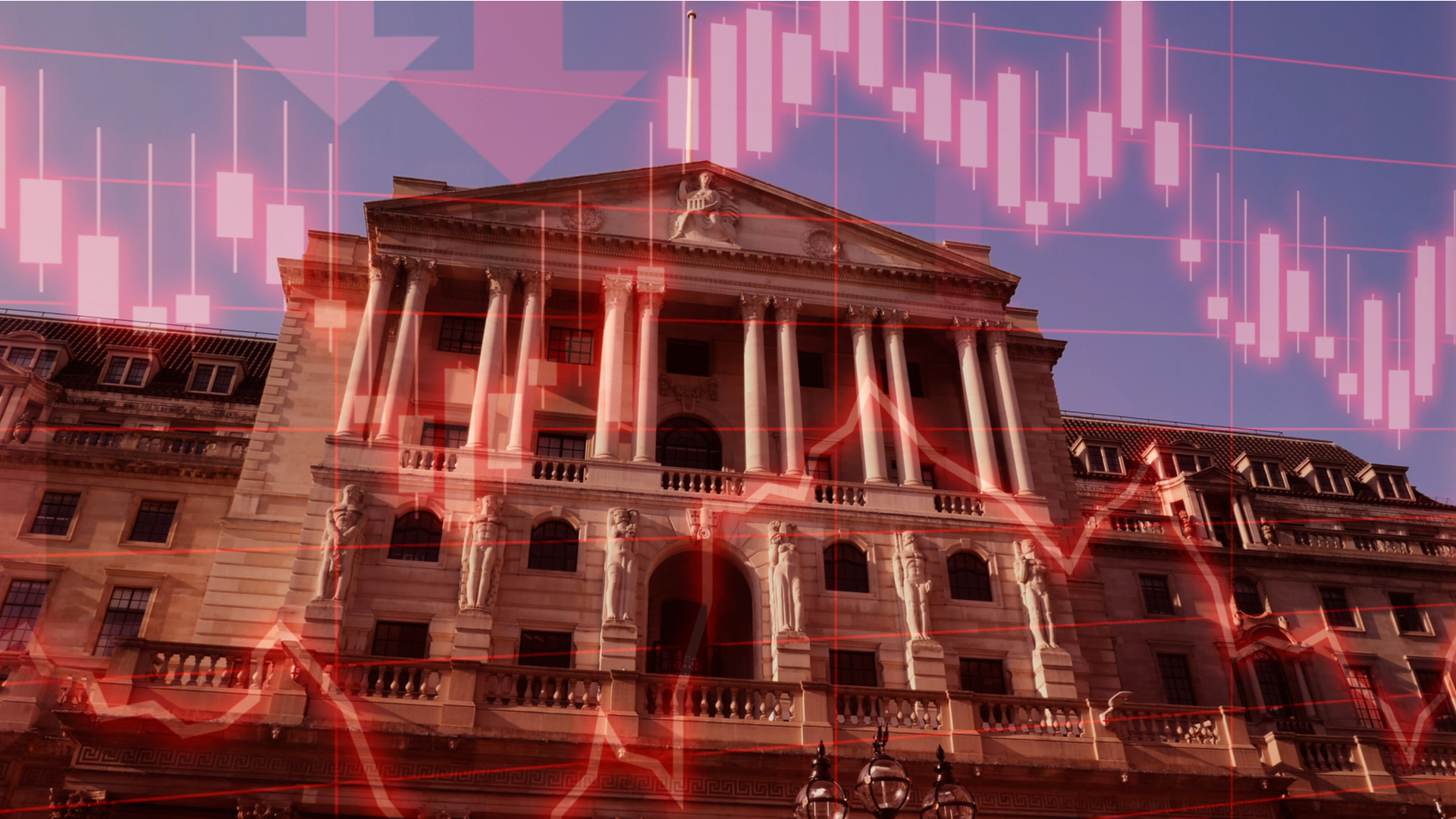 An image of the Bank of England with negative interest rates graph on top of the image
