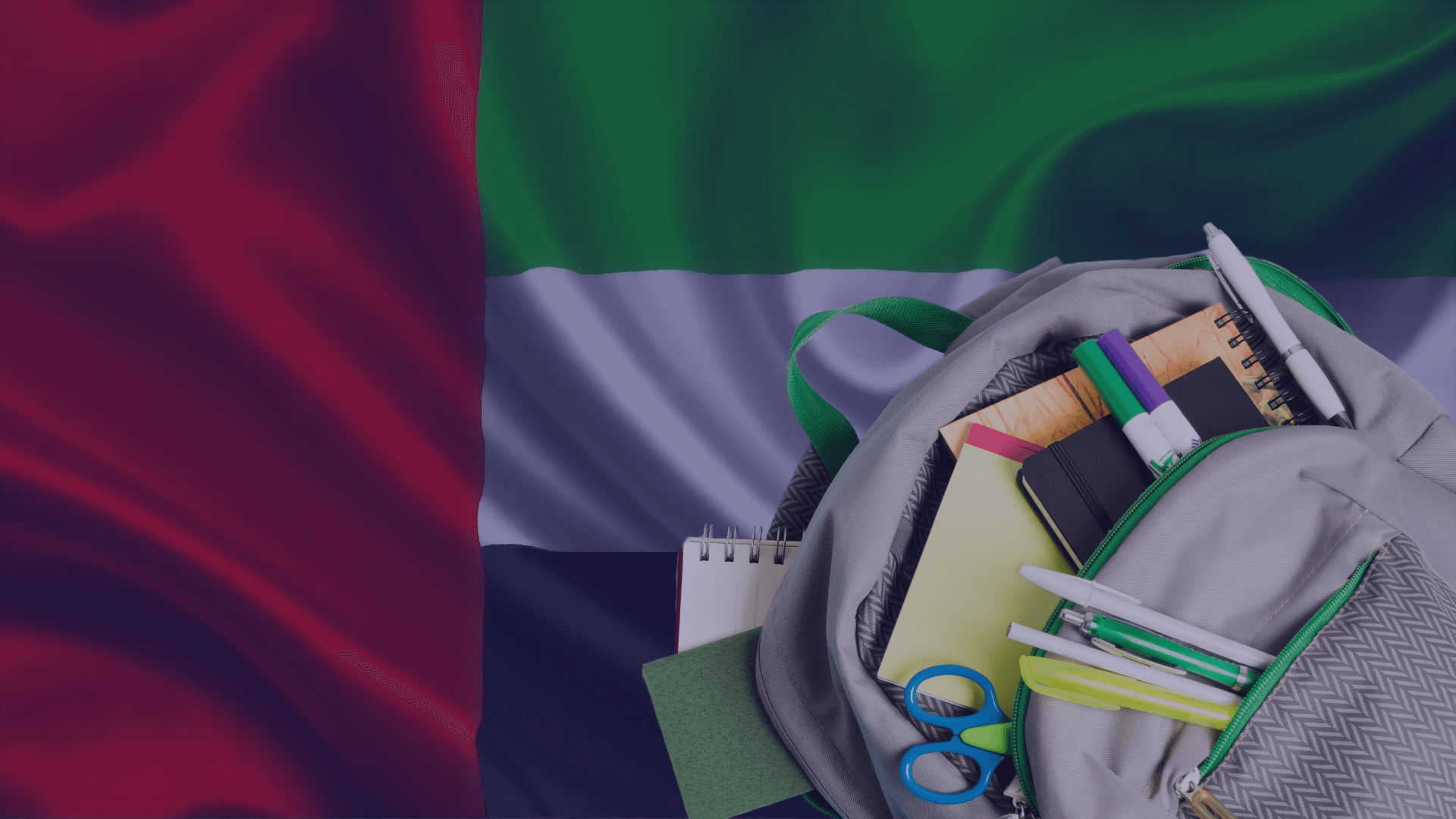 An image of the UAE flag with a school backpack representing education