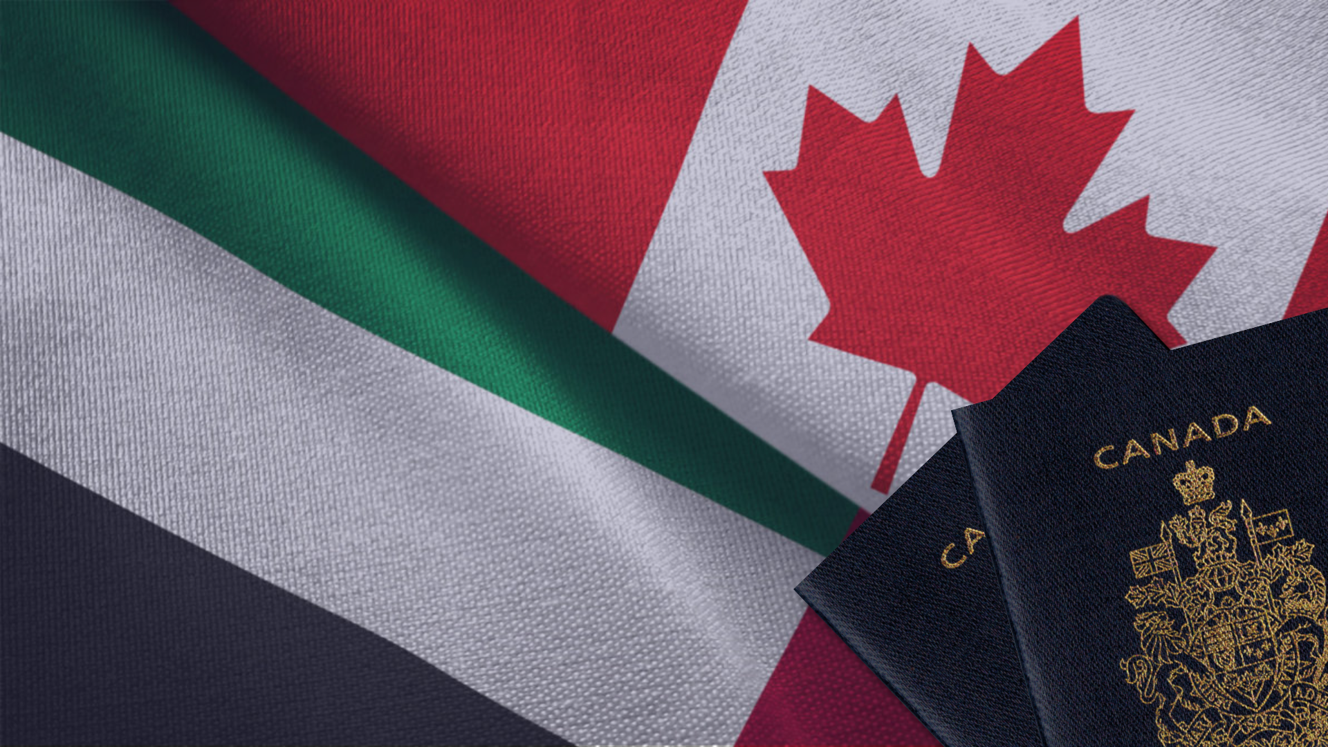 An image of a Canadian flag entwined with a South African flag. 2 Canadian passports are in the right bottom corner. Relocating from Canada to the UAE