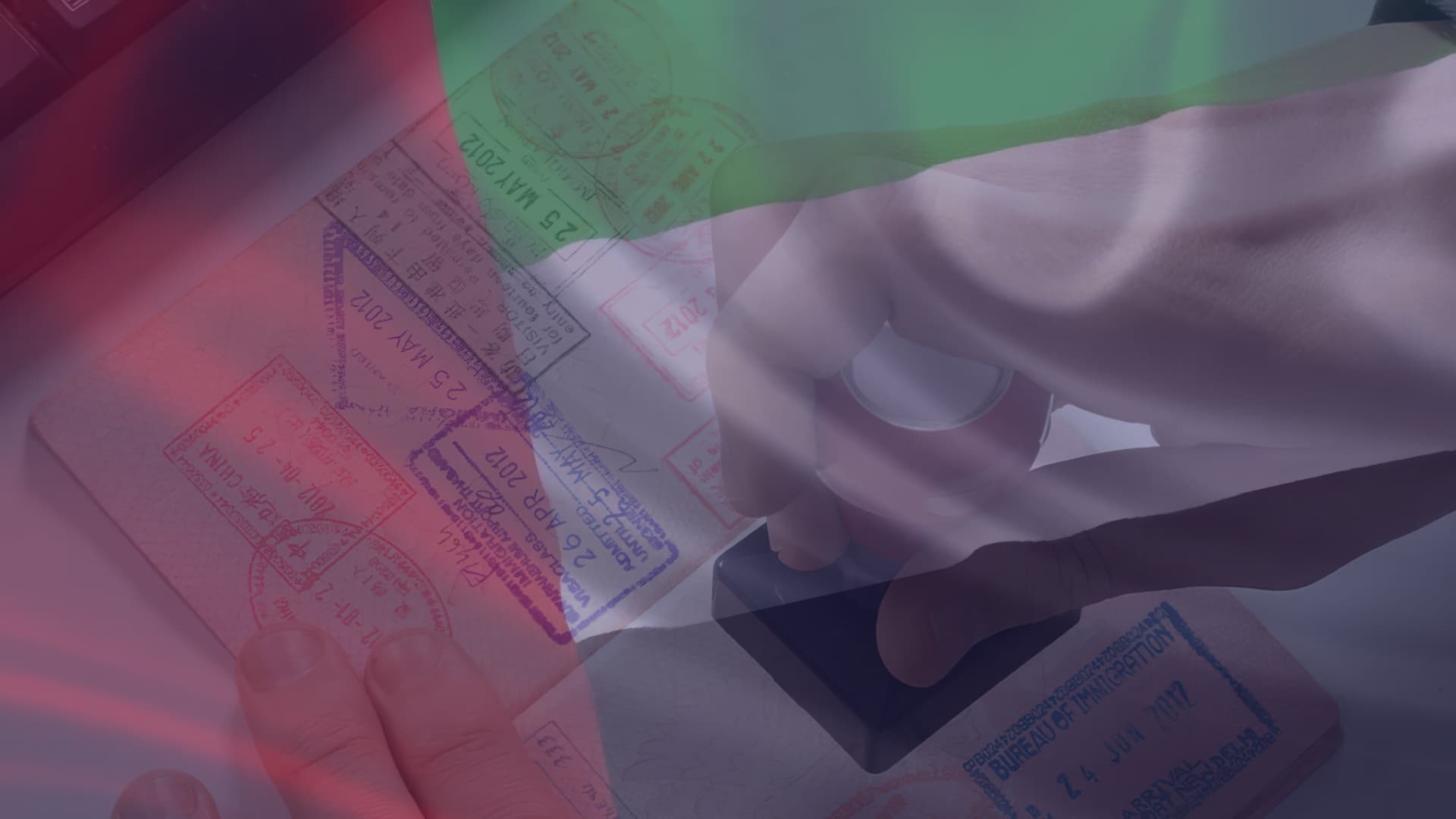 Transparent UAE flag through which you can see a passport being stamped. Residence visas in the UAE
