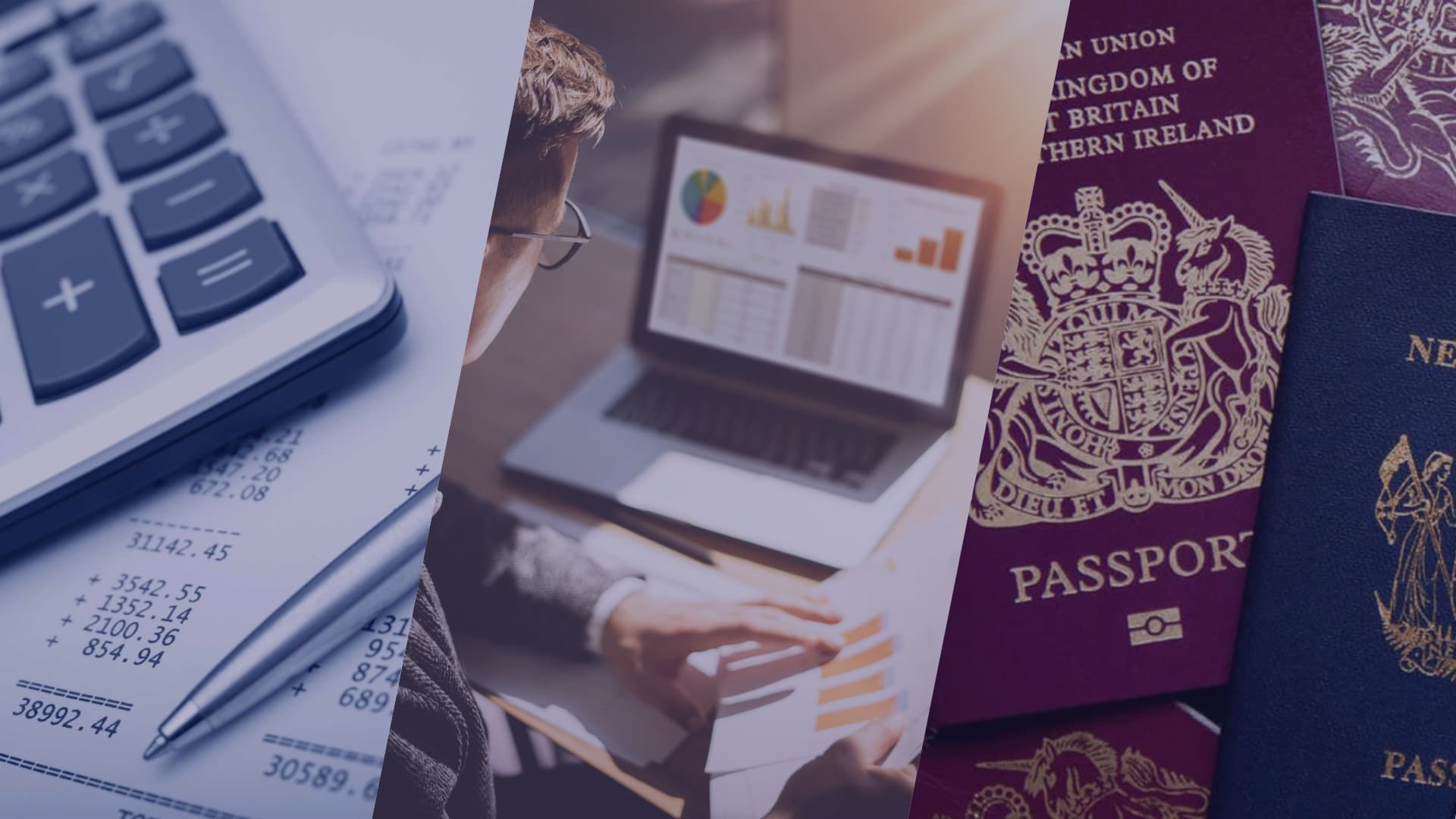 An image split into three with a calculator on the left, a man looking at the statistics on the computer in the middle and the passports on the right. All you need to know about a full-service broker